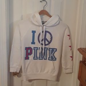 Pink Victoria's Secret white hoodie.